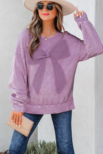 Orchid Bouquet Mineral Wash Big Bow Patchwork Pullover Sweatshirt LC25319658-P808