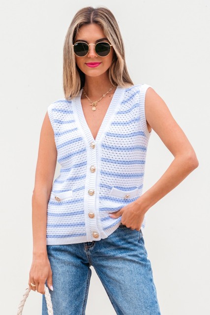 Sky Blue Stripe V Neck Gold Buttons Elegant Sweater Vest LC274127-P419