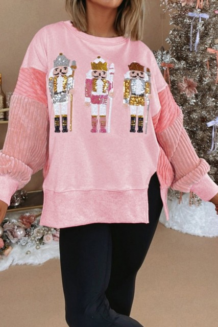 Light Pink Sequin Nutcracker Textured Sleeve Patchwork Color Block Sweatshirt LC25319928-P1010